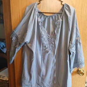 Source Unknown Blue Lace Trim Blouse